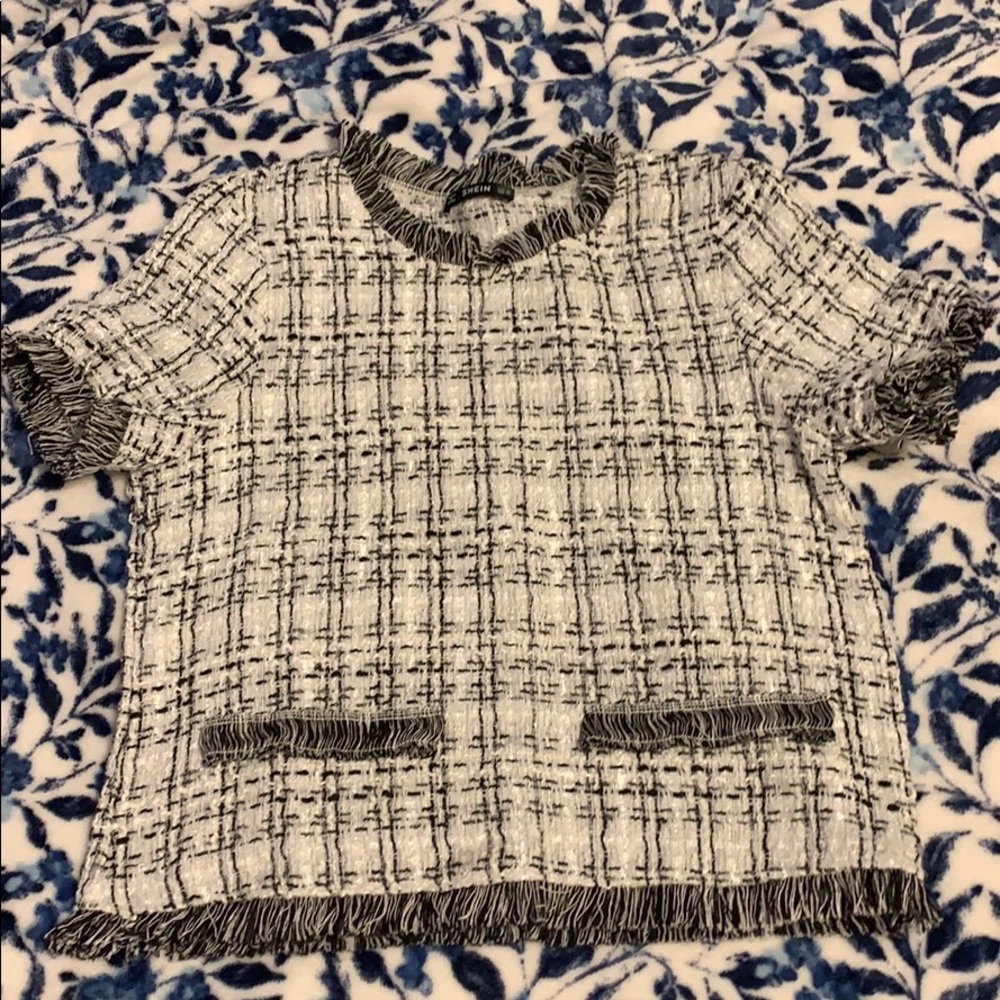 Black and white tweed like shirt with detailing